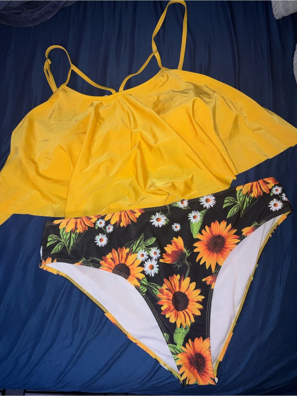 Yellow Tankini Set with Sunflower Print Bikini Bottoms